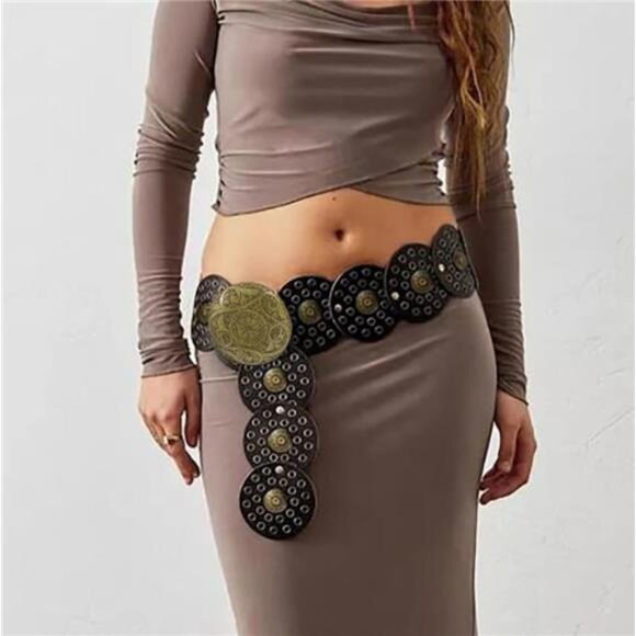 Wide Disc Western Leather Waist Belt Boho Cowgirl Concho Rodeo Texas Ranch Horse - Picture 2 of 7